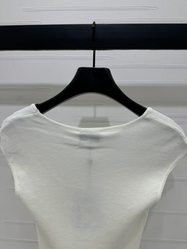 Chanel 25 White Tank Top Square Neck Knitted
