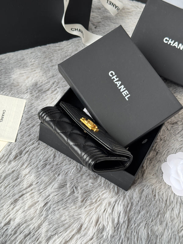 CC Boy Flap Card Holder Black Gold-tone Lambskin 242862