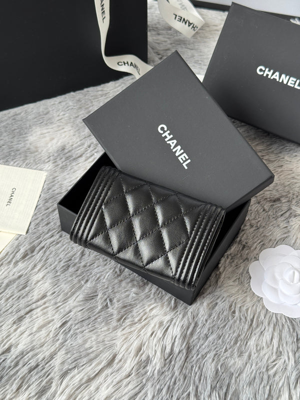 CC Boy Flap Card Holder Black Gold-tone Lambskin 242862