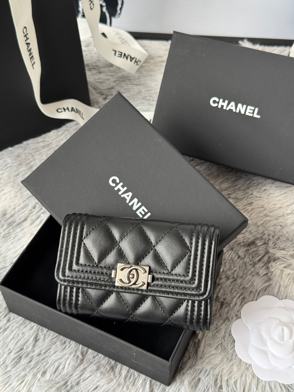 CC Boy Flap Card Holder Black Sliver-tone Lambskin 242864