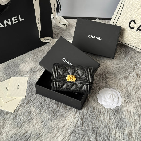 CC Boy Flap Card Holder Black Gold-tone Grained Calfskin 242866