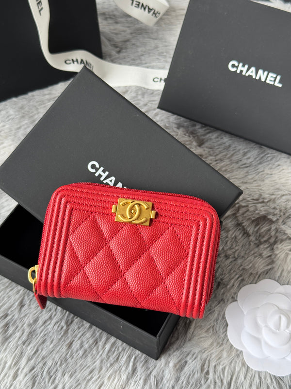 CC Classic Boy Coin Purse Red Gold-tone Grained Calfskin 242876