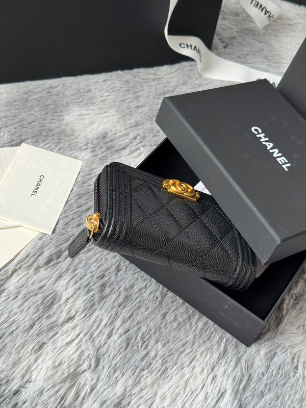 CC Classic Boy Coin Purse Black Gold-tone Grained Calfskin 242882