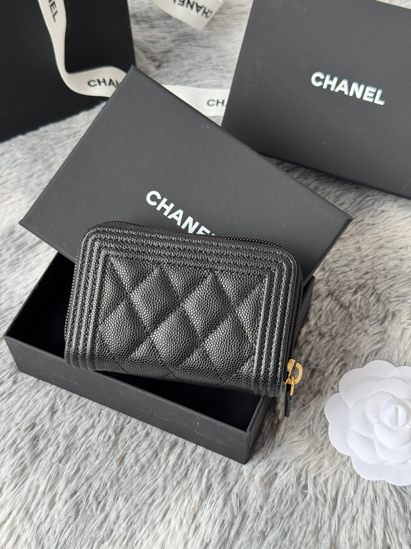 CC Classic Boy Coin Purse Black Gold-tone Grained Calfskin 242882