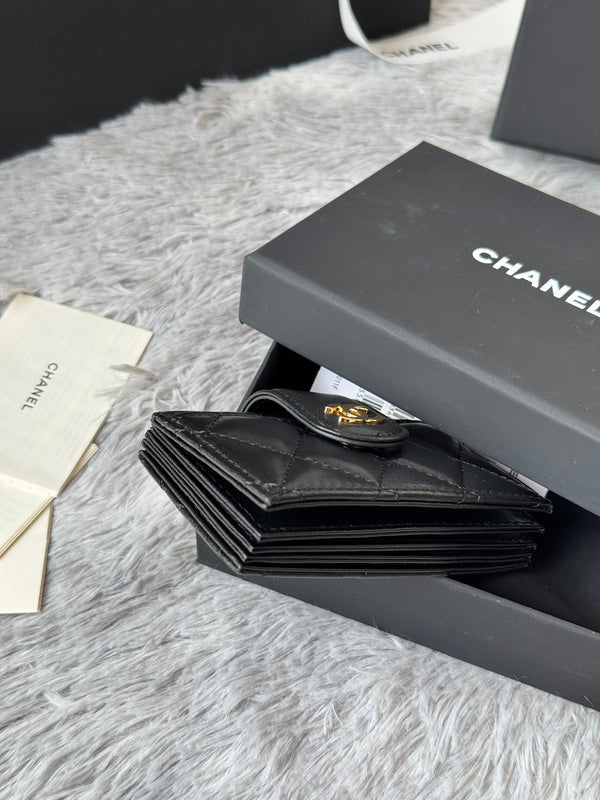 CC Accordion Card Holder Black Gold-tone Metal Lamskin 242644