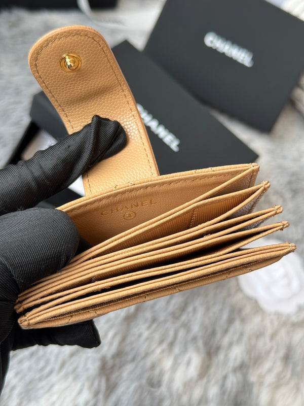 CC Accordion Card Holder Beige Gold-tone Metal Caviar 242661