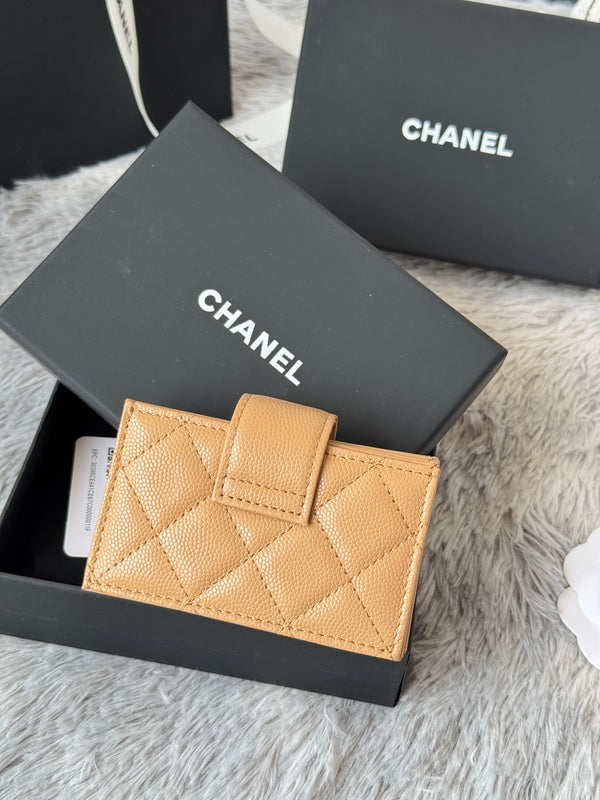 CC Accordion Card Holder Beige Gold-tone Metal Caviar 242661