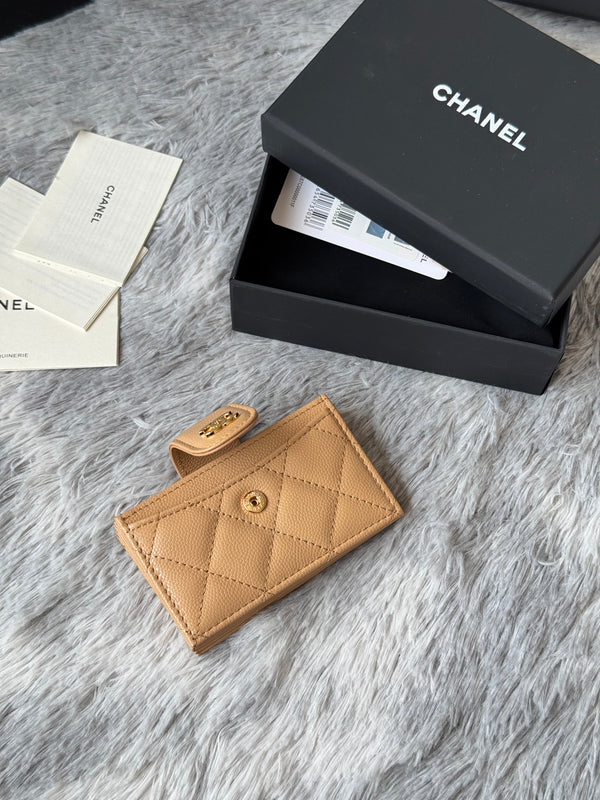 CC Accordion Card Holder Beige Gold-tone Metal Caviar 242661