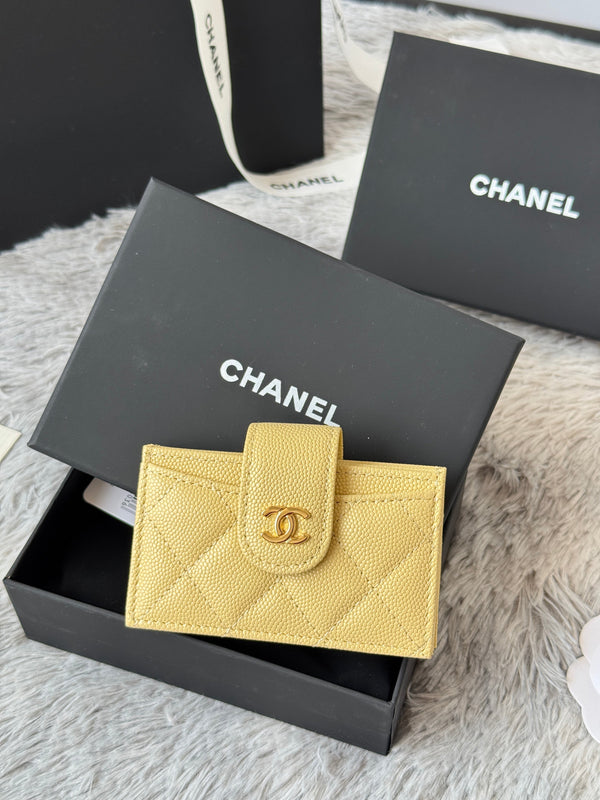 CC Accordion Card Holder Yellow Gold-tone Metal Caviar 242665