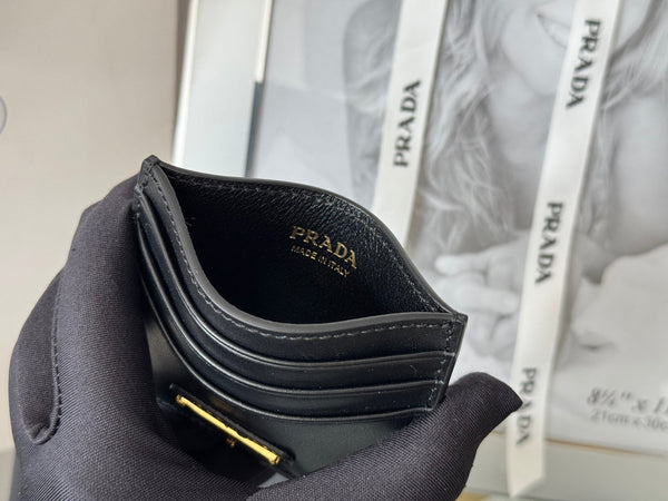 Pra Gold Logo-Plaque Card Holder Black Saffiano Leather
