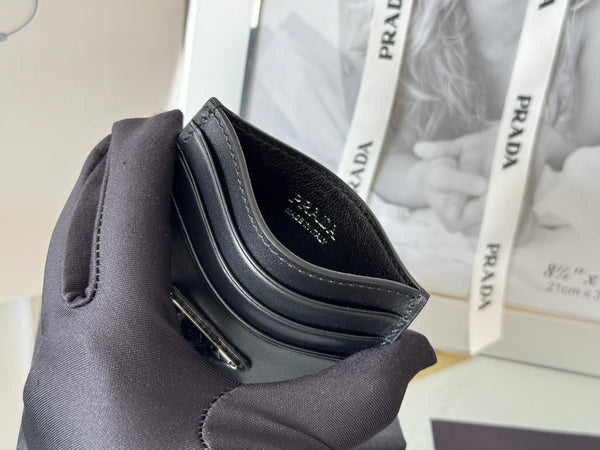 Pra Metal Logo-Plaque Card Holder Black Saffiano Leather