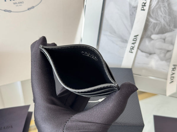 Pra Metal Logo-Plaque Card Holder Black Saffiano Leather