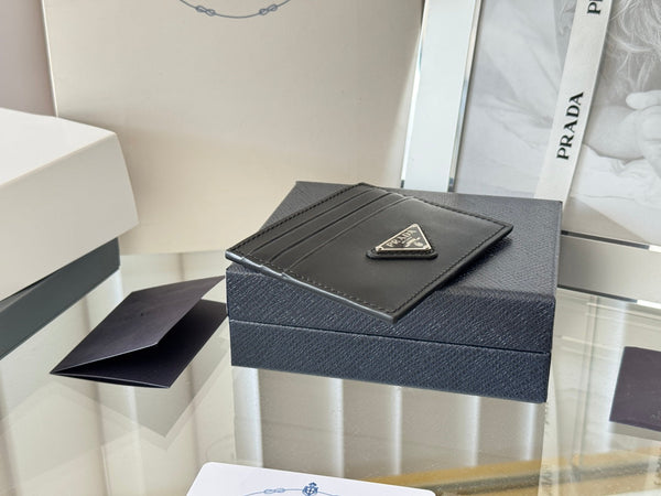 Pra Metal Logo-Plaque Card Holder Black Saffiano Leather