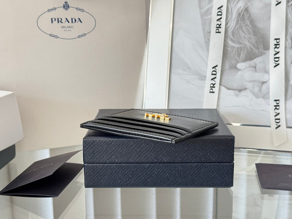 Pra Gold Logo-Stamp Card Holder Black Saffiano Leather