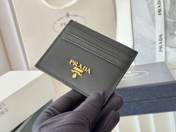Pra Gold Logo-Stamp Card Holder Black Saffiano Leather