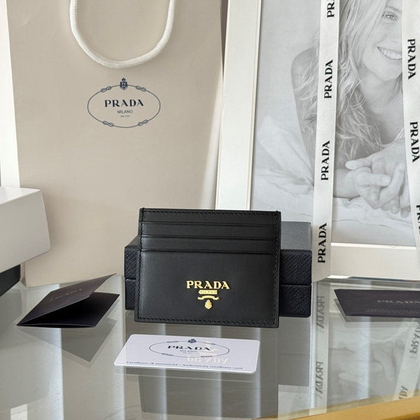 Pra Gold Logo-Stamp Card Holder Black Saffiano Leather