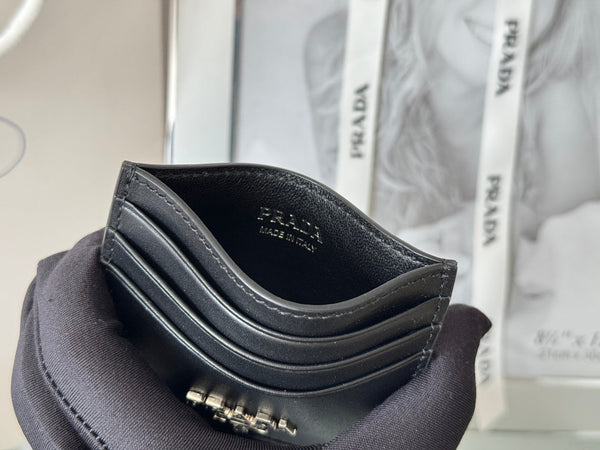 Pra Metal Logo-Stamp Card Holder Black Saffiano Leather