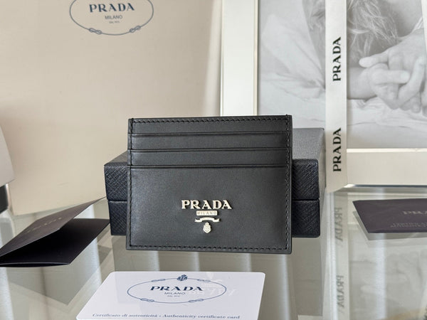 Pra Metal Logo-Stamp Card Holder Black Saffiano Leather