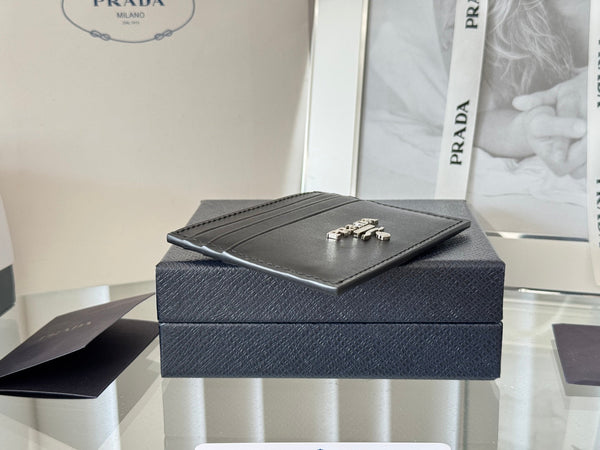 Pra Metal Logo-Stamp Card Holder Black Saffiano Leather