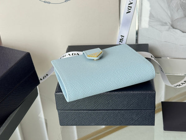 Pra 1MV204 Small Wallet Light Blue Saffiano & Smooth Leather