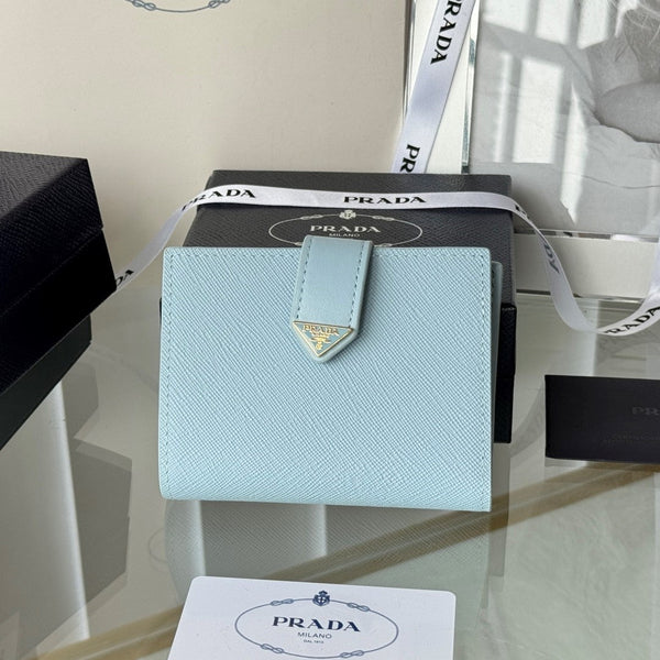 Pra 1MV204 Small Wallet Light Blue Saffiano & Smooth Leather