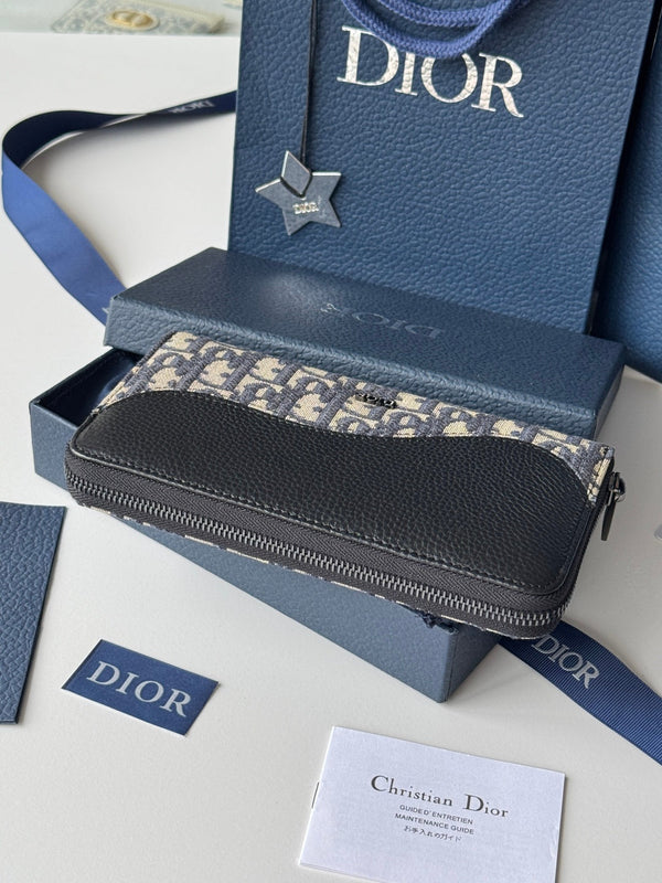 CD Saddle Long Zipped Wallet Black Beige Grain Cowhide & Jacquard