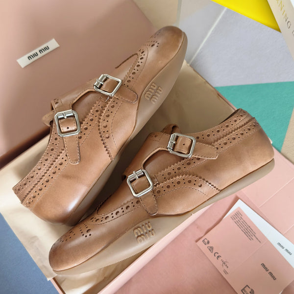 Miu Monk-Strap Thin Sole Caramel Loafers Leather 509752