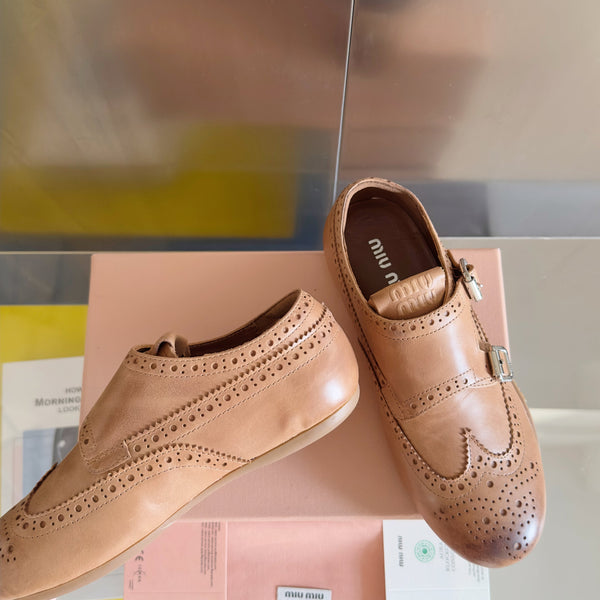 Miu Monk-Strap Thin Sole Caramel Loafers Leather 509752