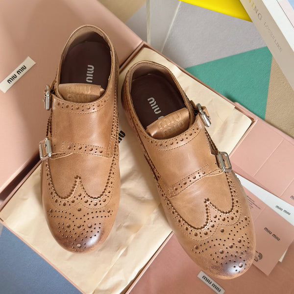 Miu Monk-Strap Thin Sole Caramel Loafers Leather 509752