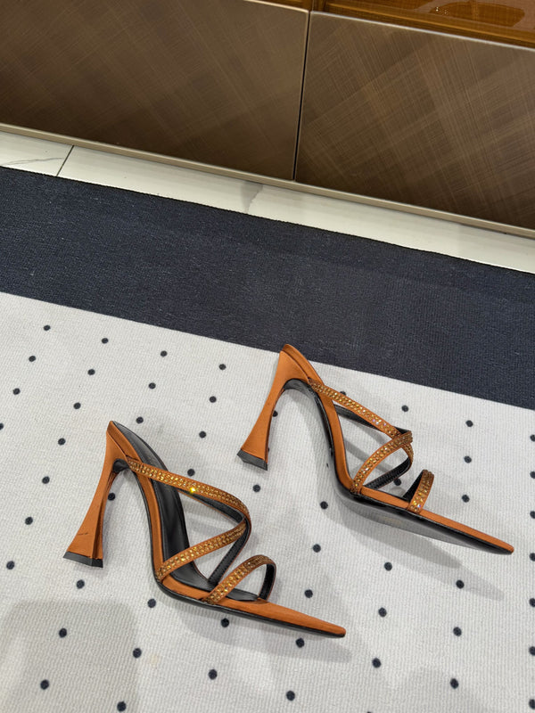 HIGH CRYSTAL STRAP SANDALS IN SANDSTONE SILK