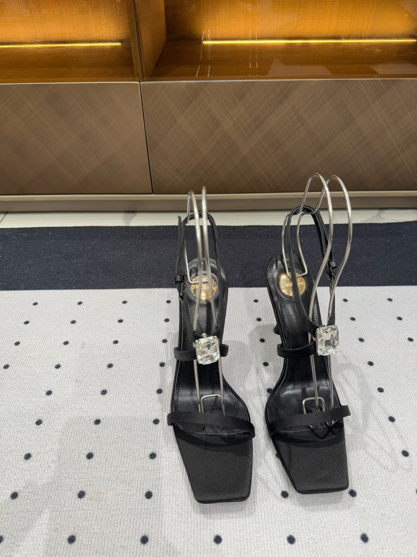 HIGH HEEL SANDALS IN BLACK SILK WTH STRAPS ATTACHED GEM