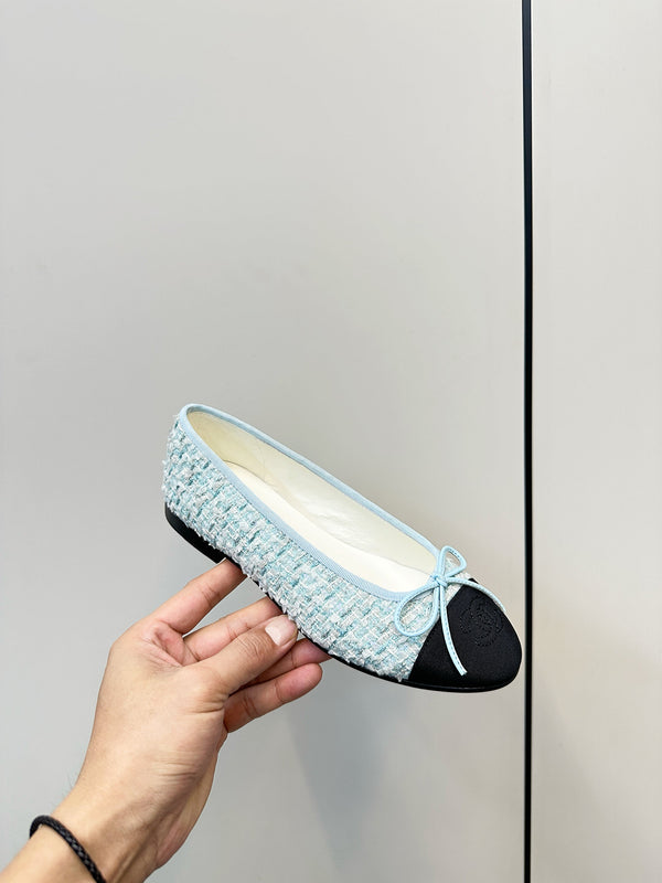 Chanel 25 Ballet Flat Blue Black Tweed Frabic 469256