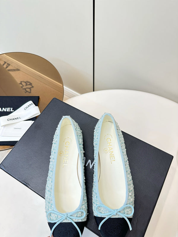 Chanel 25 Ballet Flat Blue Black Tweed Frabic 469256