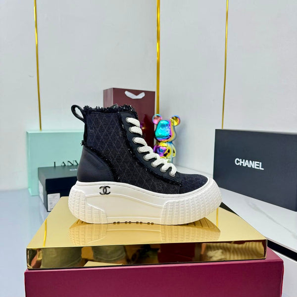 Chanel 2025 High-Top Sneakers Black White Cowhide Denim Frabic 469799