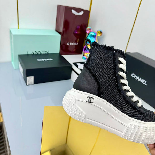 Chanel 2025 High-Top Sneakers Black White Cowhide Denim Frabic 469799