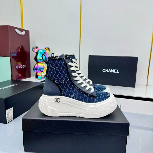 Chanel 2025 High-Top Sneakers Blue White Cowhide Denim Frabic 469798