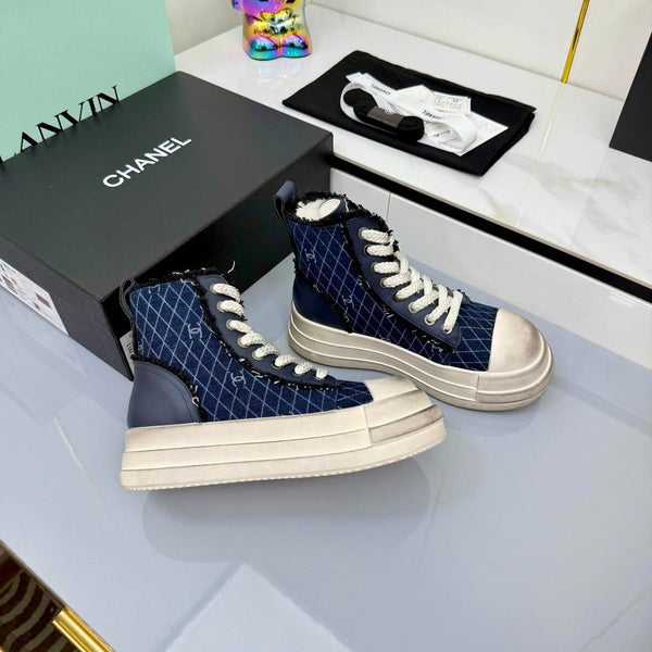Chanel 25 High Sneaker Blue White Cowhide Denim Frabic 469779