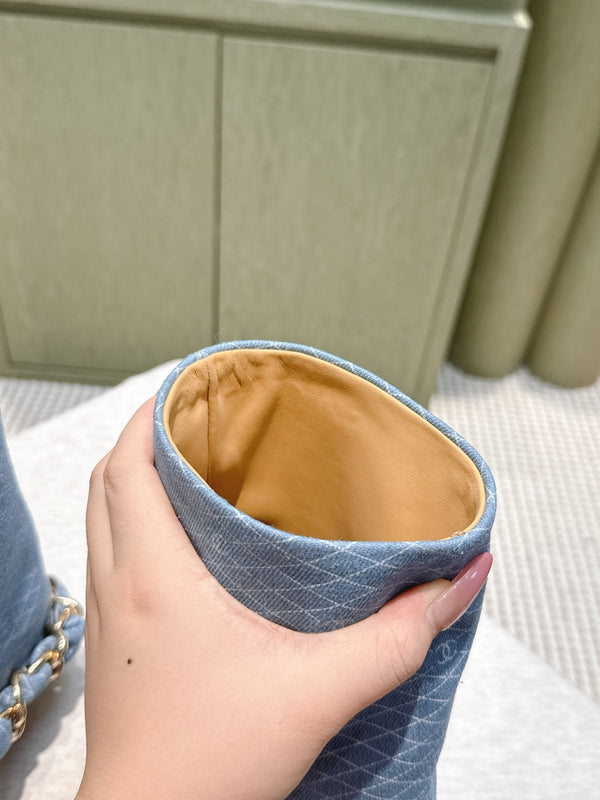 CC 25 Short Boot Blue Black Denim Fabric Calfskin 515265