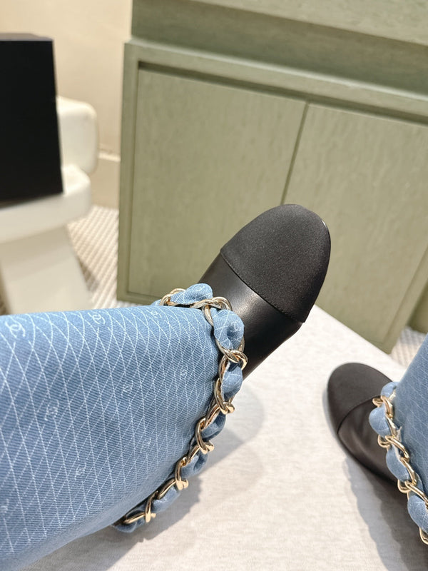 CC 25 Long Boot Blue Black Denim Fabric Calfskin 515271