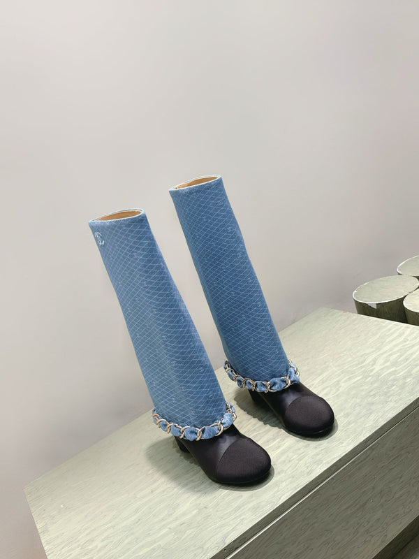 CC 25 Long Boot Blue Black Denim Fabric Calfskin 515271