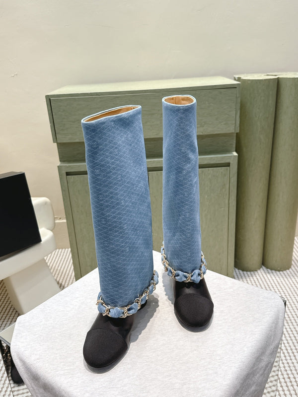 CC 25 Long Boot Blue Black Denim Fabric Calfskin 515271