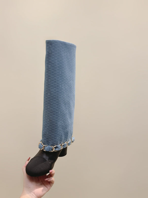CC 25 Long Boot Blue Black Denim Fabric Calfskin 515271