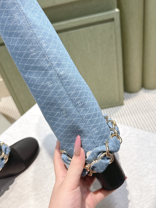 CC 25 Long Boot Blue Black Denim Fabric Calfskin 515271