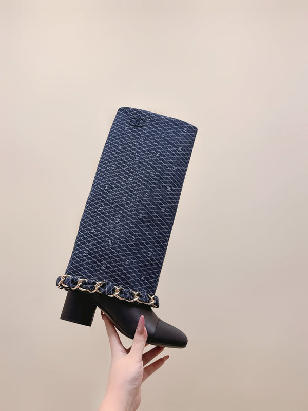 CC 25 Long Boot Navy Blue Black Denim Fabric Calfskin 515273