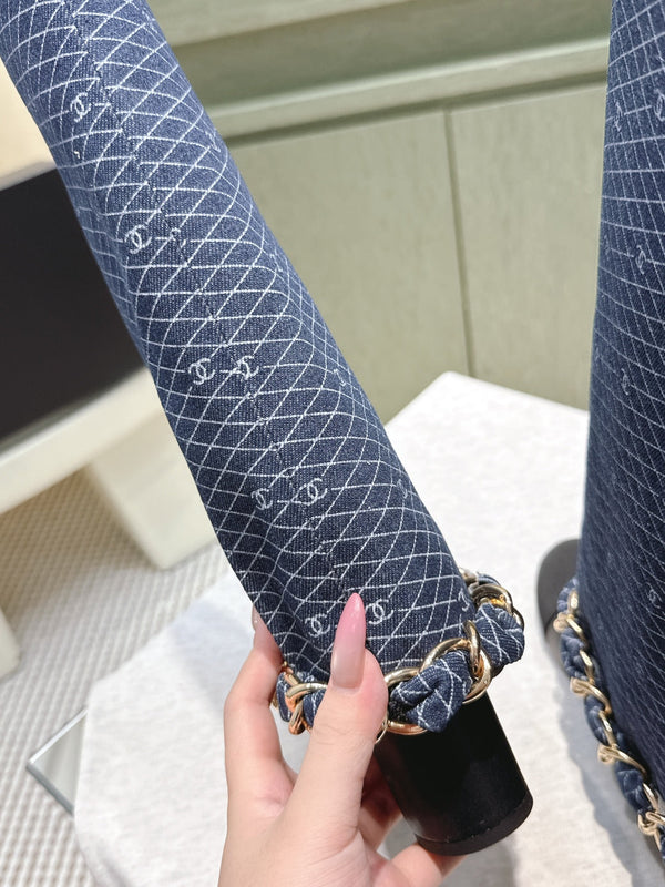 CC 25 Long Boot Navy Blue Black Denim Fabric Calfskin 515273