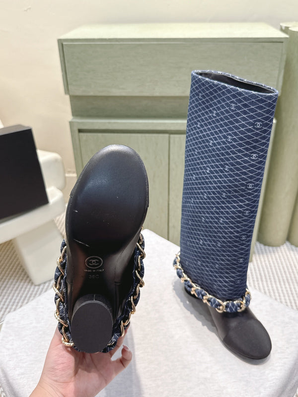 CC 25 Long Boot Navy Blue Black Denim Fabric Calfskin 515273