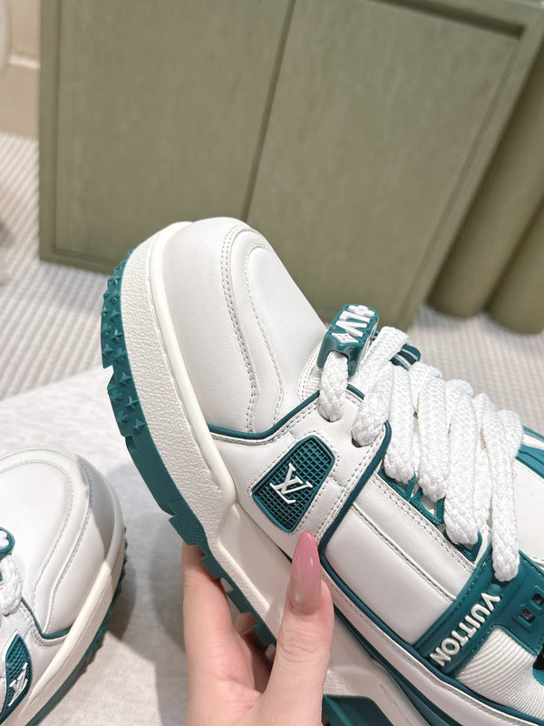 LV Trainer Maxi Sneakers White and Teal Calfskin Mesh 515199