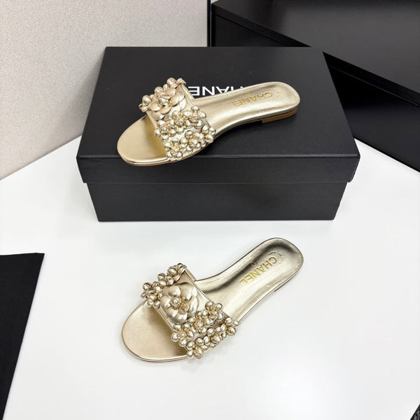 CC 25C Mules Flower Gold Metalic Calfskin