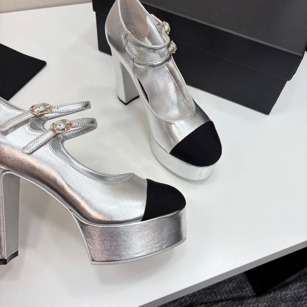 CC 25S Mary Jane Platform 11cm Silver Metalic Calfskin Grosgrain