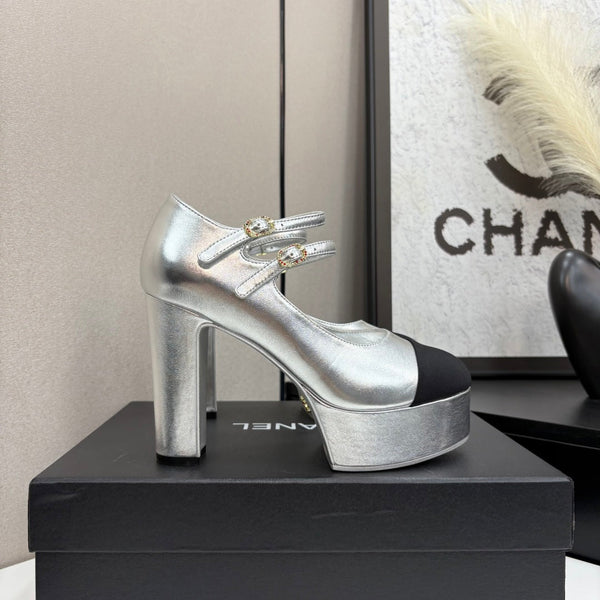 CC 25S Mary Jane Platform 11cm Silver Metalic Calfskin Grosgrain
